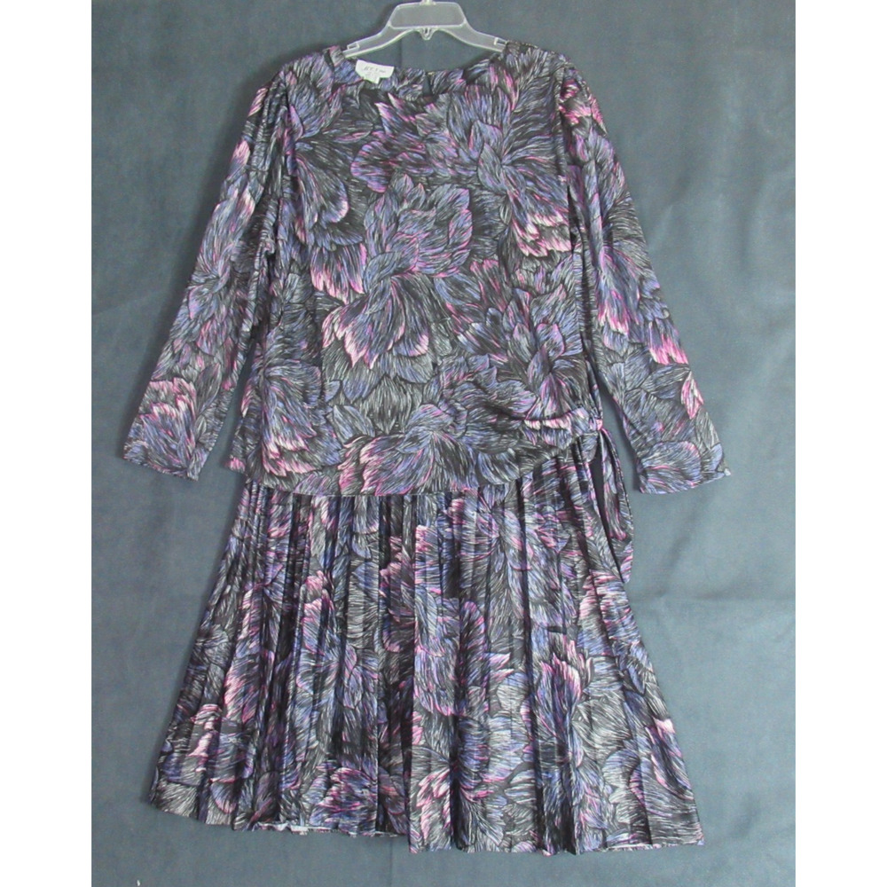 Vintage MCS Ltd Dress Size XL Gray Purple Secretary Geek Pleated Modest 80s Maxi
